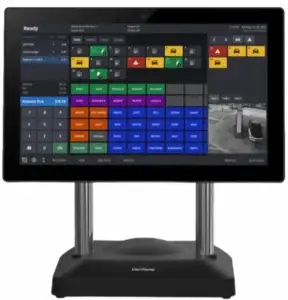 Verifone C18 gas station POS terminal displaying a fuel management dashboard with active pump statuses, real-time transaction data, and integrated security camera views.
