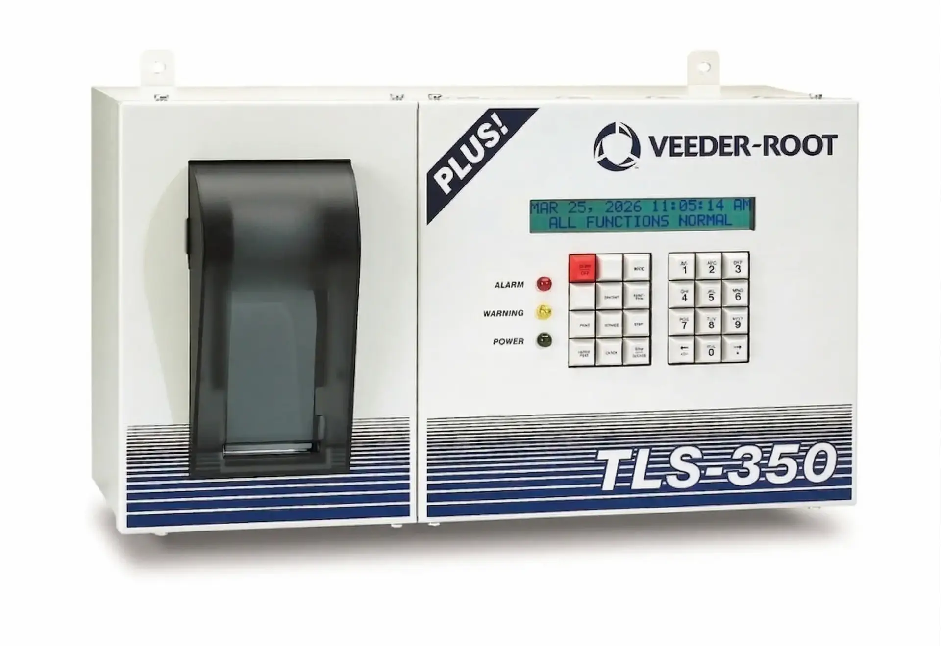 Veeder-Root TLS-350 Plus automatic tank gauge console with an LCD display reading "ALL FUNCTIONS NORMAL," an integrated printer, and a 16-button tactile keypad for fuel inventory management.